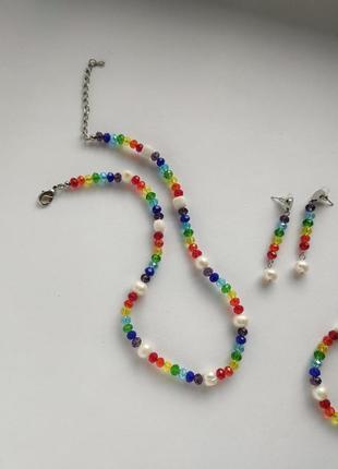 Комплект з перлами намисто браслет сережки кольє чокер жемчуг кульчики серьги3 фото