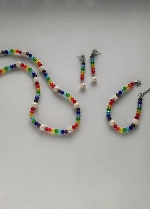 Комплект з перлами намисто браслет сережки кольє чокер жемчуг кульчики серьги6 фото