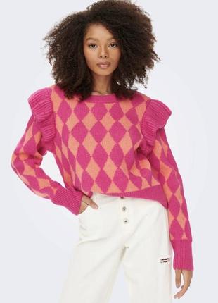 Вязаный джемпер, свитер кофта с рюшами в розово-персиковом цвете от датского бренда only1 фото
