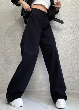Трендовые джинсы палаццо с высокой посадкой свободного прямого кроя широкие клеш брюки3 фото