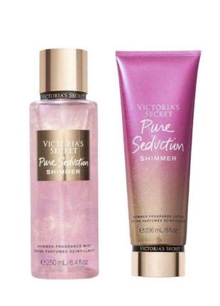 Набор виктория секрет,спрей и лосьон для тела victoria’s secret pure seduction shimmer3 фото