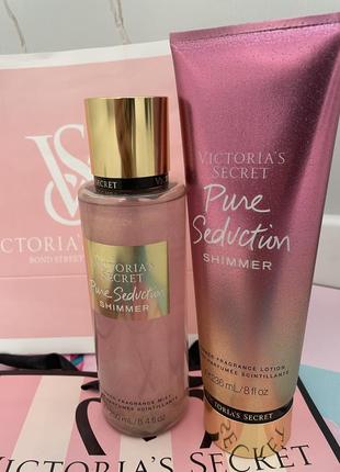 Набор виктория секрет,спрей и лосьон для тела victoria’s secret pure seduction shimmer1 фото