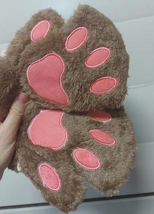 Перчатки лапки рукавички коричнево розовые  митенки2 фото