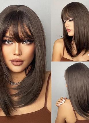 Женский парик с челкой medium ombre brown light коричневый термостойкие синтетические волосы