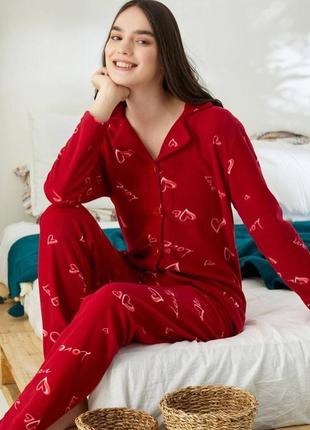 Красная теплая флисовая пижама сердечки /домашний костюм рубашка и брюки л(46-48)4 фото