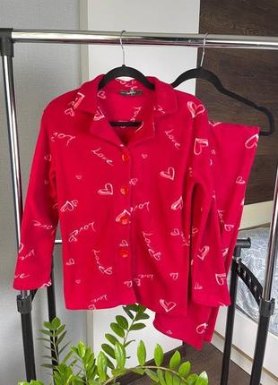 Красная теплая флисовая пижама сердечки /домашний костюм рубашка и брюки л(46-48)2 фото