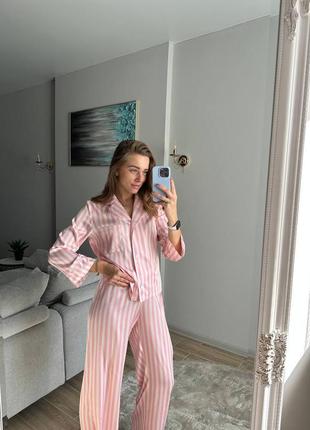 Розовая полоска атласная шелковая пижама рубашка и штаны клеш s-l3 фото