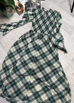 Платье миди в клетку - зеленое9 фото