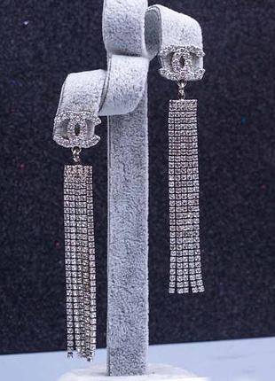 Довгі сережки гвіздочки з камінчиками, родій