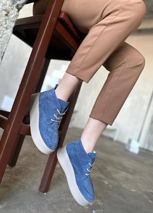 Лоферы на повышенной подошве, джинс, натуральная замша, деми/зима