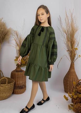 Сукня вишиванка для дівчинки хакі мілітарі,