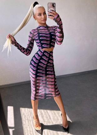 Комплект сетка в принт барби barbie на подкладке юбка миди и кроп топ с митенками