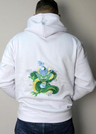 Худи мужское с вышитым зеленым драконом, толстовка белая (l) с вышивкой на спине, кофта с капюшоном теплая
