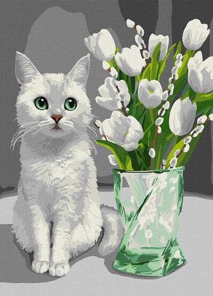 Картина за номерами кіт та букет квітів 40*50 см ідейка kho 4319