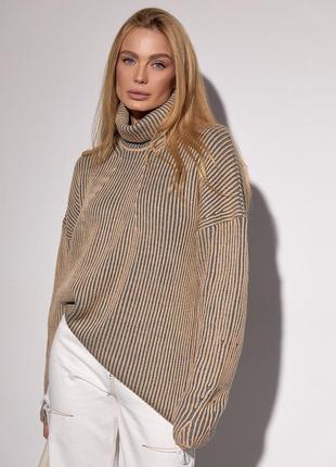 Женский вязаный свитер оверсайз с узором в рубчик - кофейный цвет, l (есть размеры)9 фото
