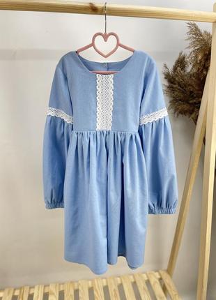 Сукня лляна з мереживом для дівчаток блакитного кольору