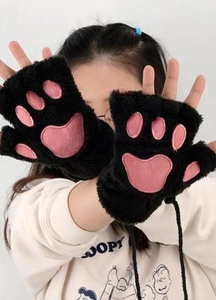 Рукавички лапки, теплі плюшеві рукавички котики, без пальців