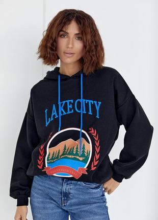 Утепленное худи с принтом и надписью lake city - черный цвет, l (есть размеры)