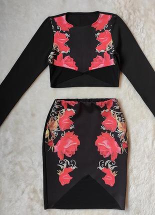 Черный костюм комплект с юбкой миди кроп топ цветочным принтом розами разрезами на талии сетка