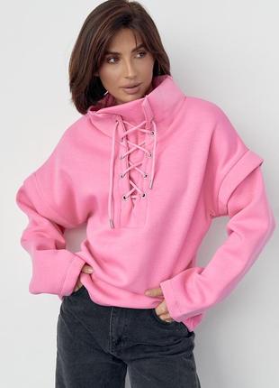 Теплый свитшот со шнуровкой на горловине - розовый цвет, l