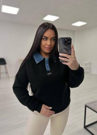 Черный женский свитшот свободного кроя с воротником турция