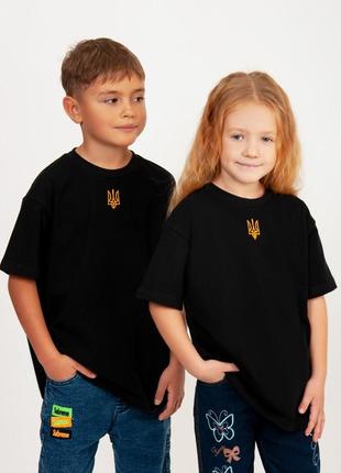 Детская подростковая патриотическая белая черная футболка с вышитым гербом, футболка оверсайз с трезубом для детей1 фото