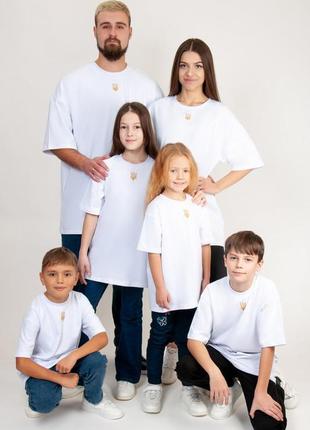 Детская подростковая патриотическая белая черная футболка с вышитым гербом, футболка оверсайз с трезубом для детей7 фото