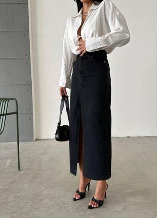 Джинсовая юбка с разрезом высокой посадкой длинная миди по фигуре с карманами4 фото