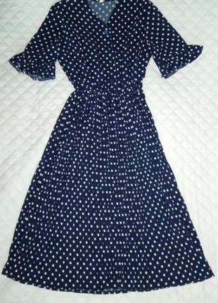 Стильное, нежное, романтичное платье 👗 в горошек темно синяя с плиссированной юбкой миди issa plus2 фото
