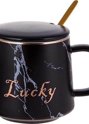 Кухоль порцеляновий "lucky" 400мл 7trav   7trav з кришкою та ложечкою, чорний мармур