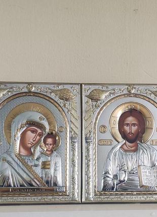 Венчальная пара икон silver axion спасителя и казанской божьей матери в серебре и золоте размер 26x20