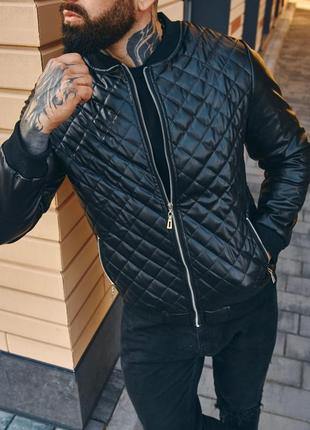 Деми куртка стеганая ромбами, бомбер из экокожи на подкладке с-ххл