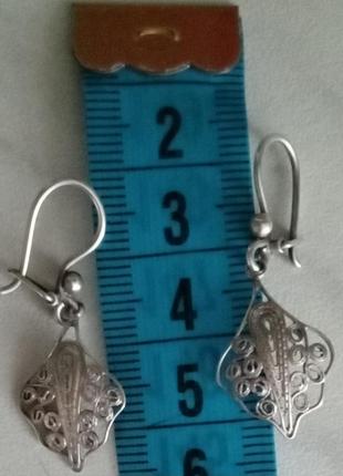 Стильні срібні сережки 875 підвіски листочки із візерунком плетінням французька застібка ручна робота4 фото