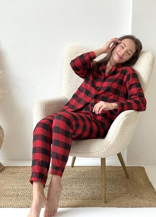 Женская пижама домашний костюм в клетку cosy брюки+рубашка красно/черная6 фото