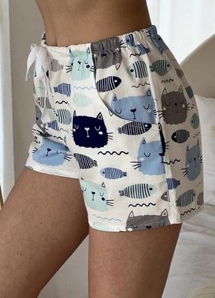 Женский пижамный костюм cosy шорты из сатина+футболка кошки рыбки молочный4 фото