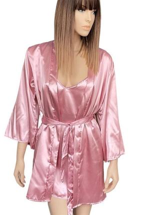 Пеньюар із халатом і стрингами атлас xs tingmei рожевий