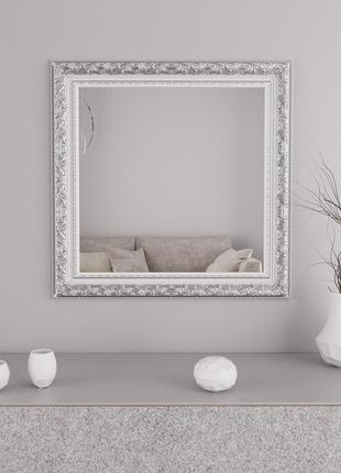 Дзеркало квадратне звичайне 96х96 настінне з патиною срібла, дзеркало в білій рамі універсальне1 фото