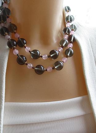 Подовжене кольє рожевий кварц і скло під рахтопаз 90 см6 фото