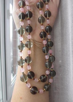 Подовжене кольє рожевий кварц і скло під рахтопаз 90 см4 фото