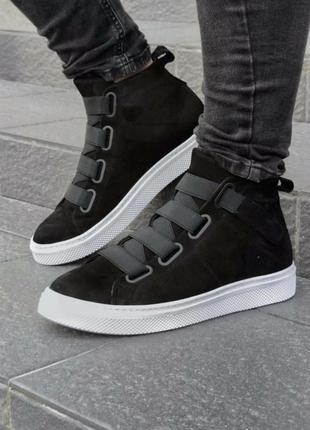 Зимові чоловічі кросівки/кеди/черевики чорні на білій підошві супер якість, молодежные стильные ботинки, кроссовки, кеды высокие на меху2 фото