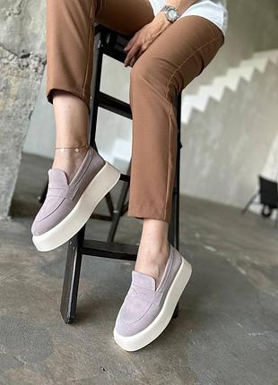 Лоферы на повышенной подошве, к095, пудра, натуральная замша,