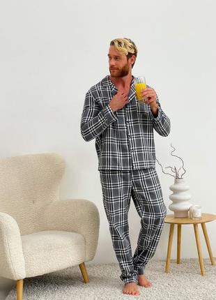 Пижама для мужчин cosy с фланели (брюки+рубашка) клетка серый/черный/белый