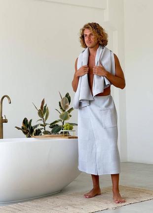 Набор подарочный банный для мужчин (килт (парео) + полотенце) cosy для бани/сауны, вафельный на липучке1 фото