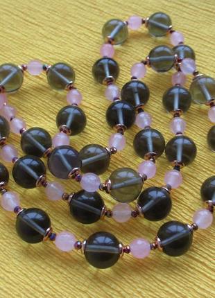 Подовжене кольє рожевий кварц і скло під рахтопаз 90 см9 фото