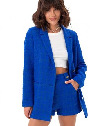 Пиджак женский однобортный твидовый, синий электрик6 фото