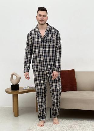 Пижама мужская cosy домашний костюм с фланели (брюки+рубашка) клетка темно-синяя/кремовая1 фото