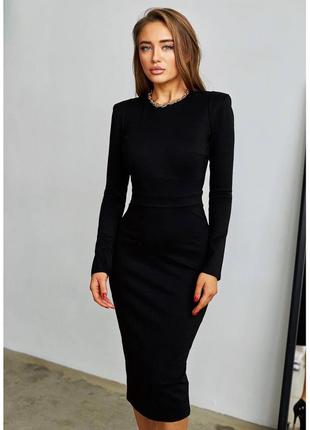 Платье миди черное однотонное на длинный рукав приталено качественная стильная базовая