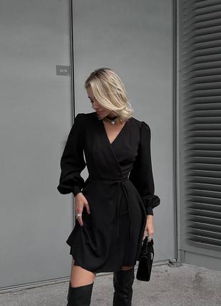 Платье короткое однонтонное на длинный рукав на завязке свободного кроя качественная, стильная трендовая черная4 фото