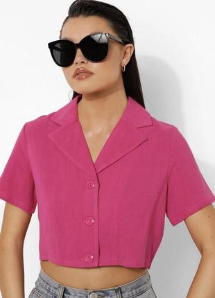 Вкорочена яскрава рожева сорочка на гудзиках із коротким рукавом, кроп топ boohoo льон