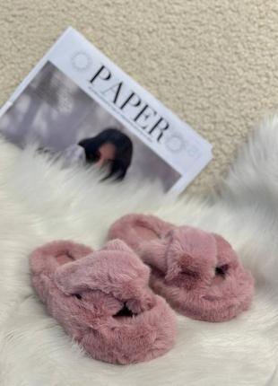 Тапки домашні вʼєтнамки капці шльопанці тапочки з відкритим носком  пухнасті теплі розові рожеві7 фото